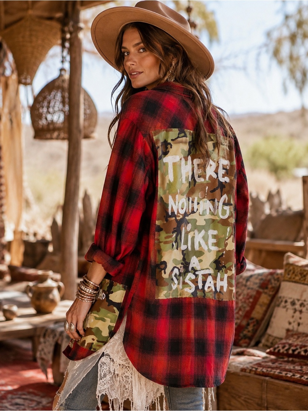 Upcycled Red Plaid Camo Flannel Shacket XXL Boho Grunge Patchwork